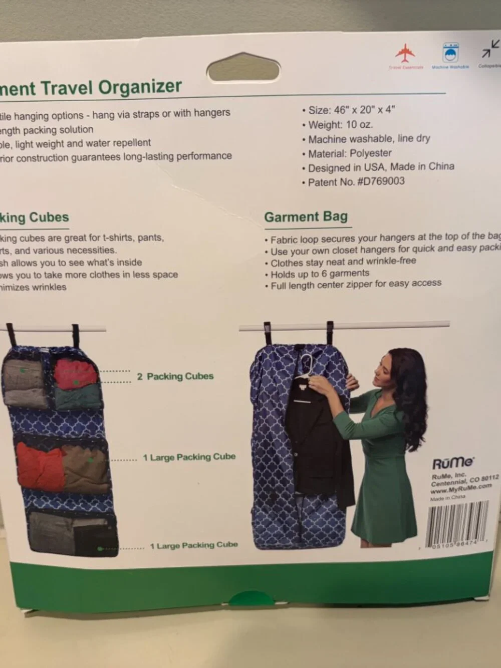 RuME GARMENT TRAVEL ORGANIZER BAG 2-SIDED HEATHER GREY GEOMETRIC Brand New